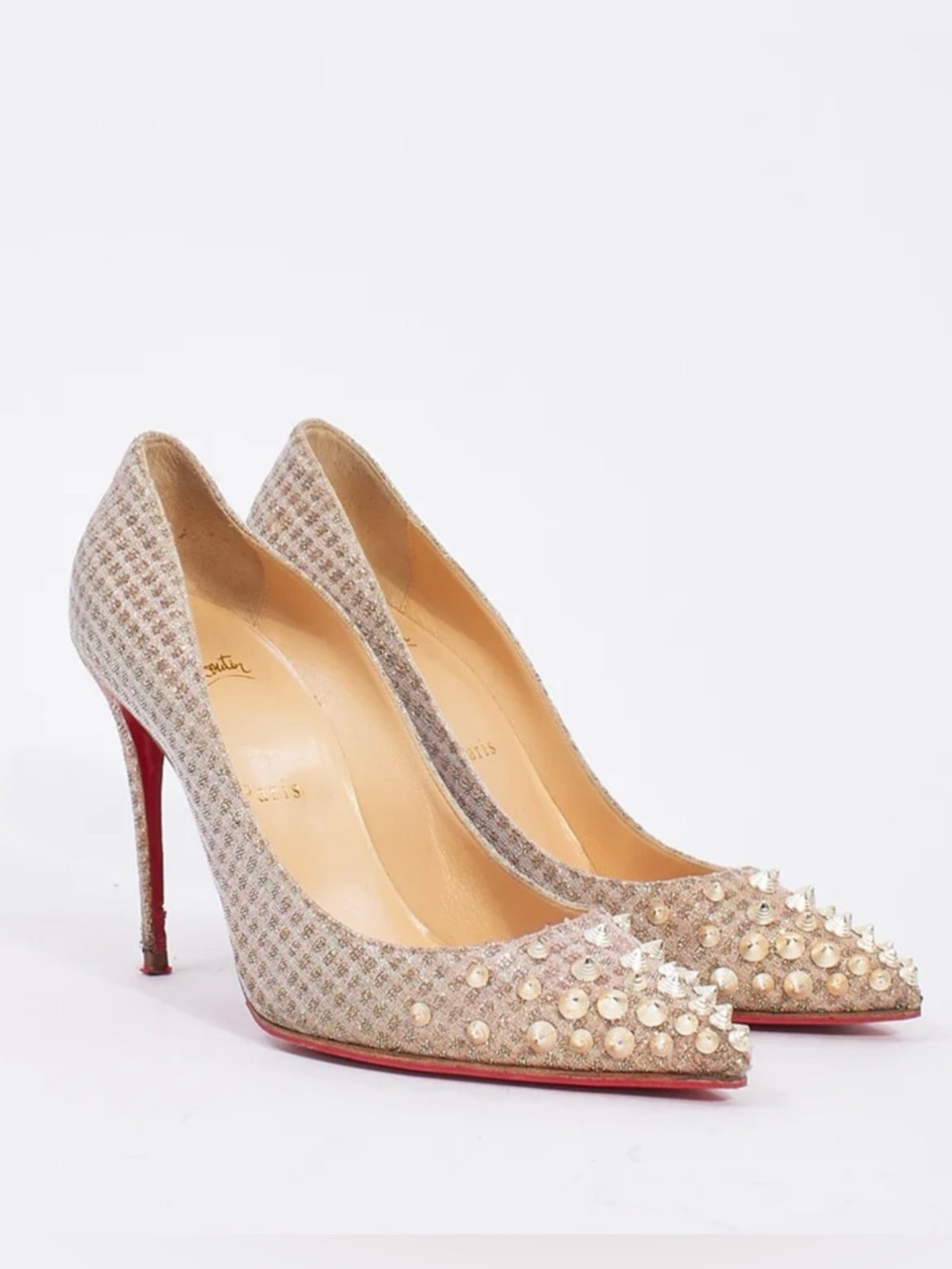 Christian Louboutin Metallic Lurex Spikyshell 100 Pumps 37.5 Nude White Gold